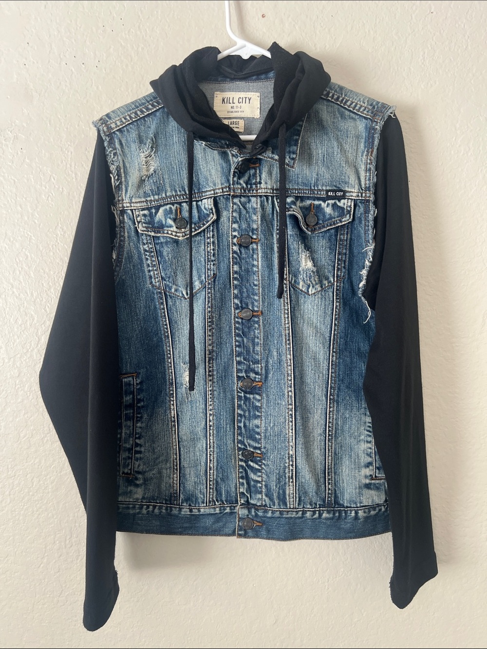 EUC KILL CITY Distressed Mixed-media Hoodie Denim Jacket 100% Cotton L